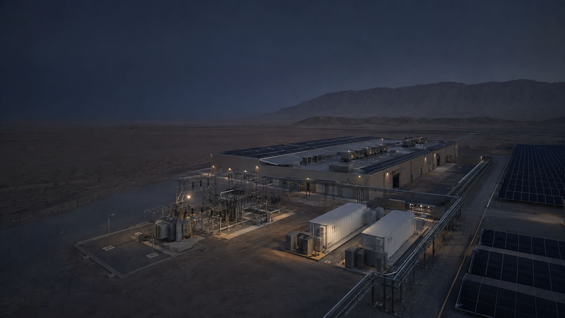 Industrial facility at blue hour with rooftop solar, a ground-mount PV field, battery containers and a substation